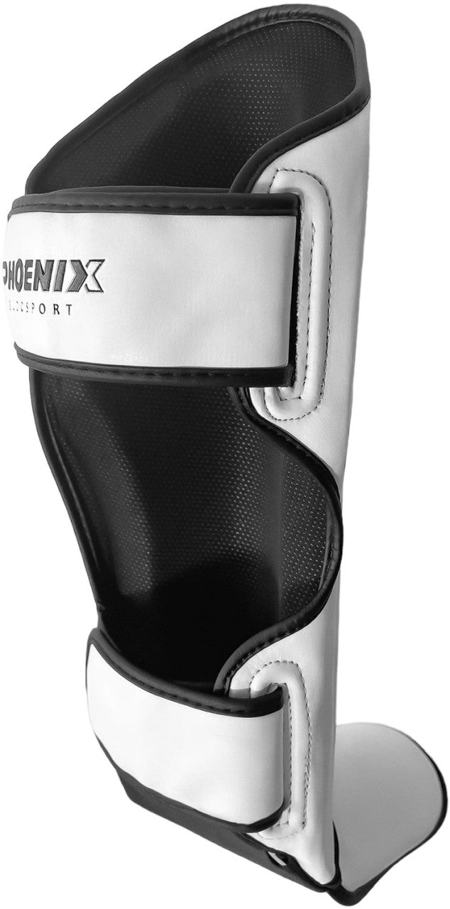 Protège-tibias PX FIGHT PRO en cuir synthétique noir-blanc - Protections pour karaté, taekwondo, kickboxing - Arts martiaux