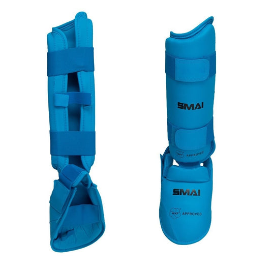 Protège-tibia/cou-de-pied SPORTSMASTER WKF, coupe ergonomique bleue – avec fermeture velcro