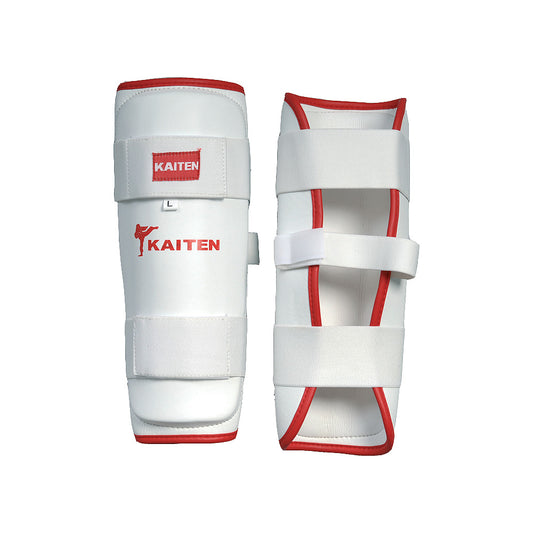 Protège-tibias de karaté KAITEN en cuir synthétique blanc avec fermeture velcro