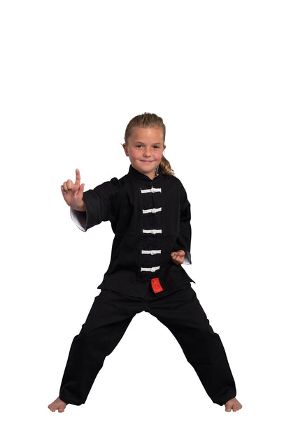 TEKKA BUDO Kung Fu Suit Shaolin Traditionnel II noir et blanc - col intérieur des manches blanc - taille 110 - 200 cm - Tai Chi Wushu Qi Gong