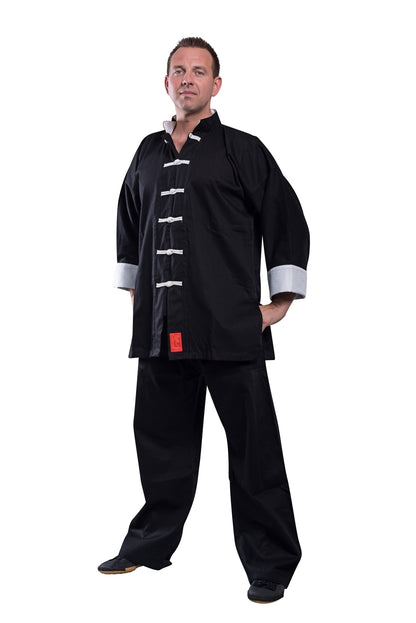TEKKA BUDO Kung Fu Suit Shaolin Traditionnel II noir et blanc - col intérieur des manches blanc - taille 110 - 200 cm - Tai Chi Wushu Qi Gong
