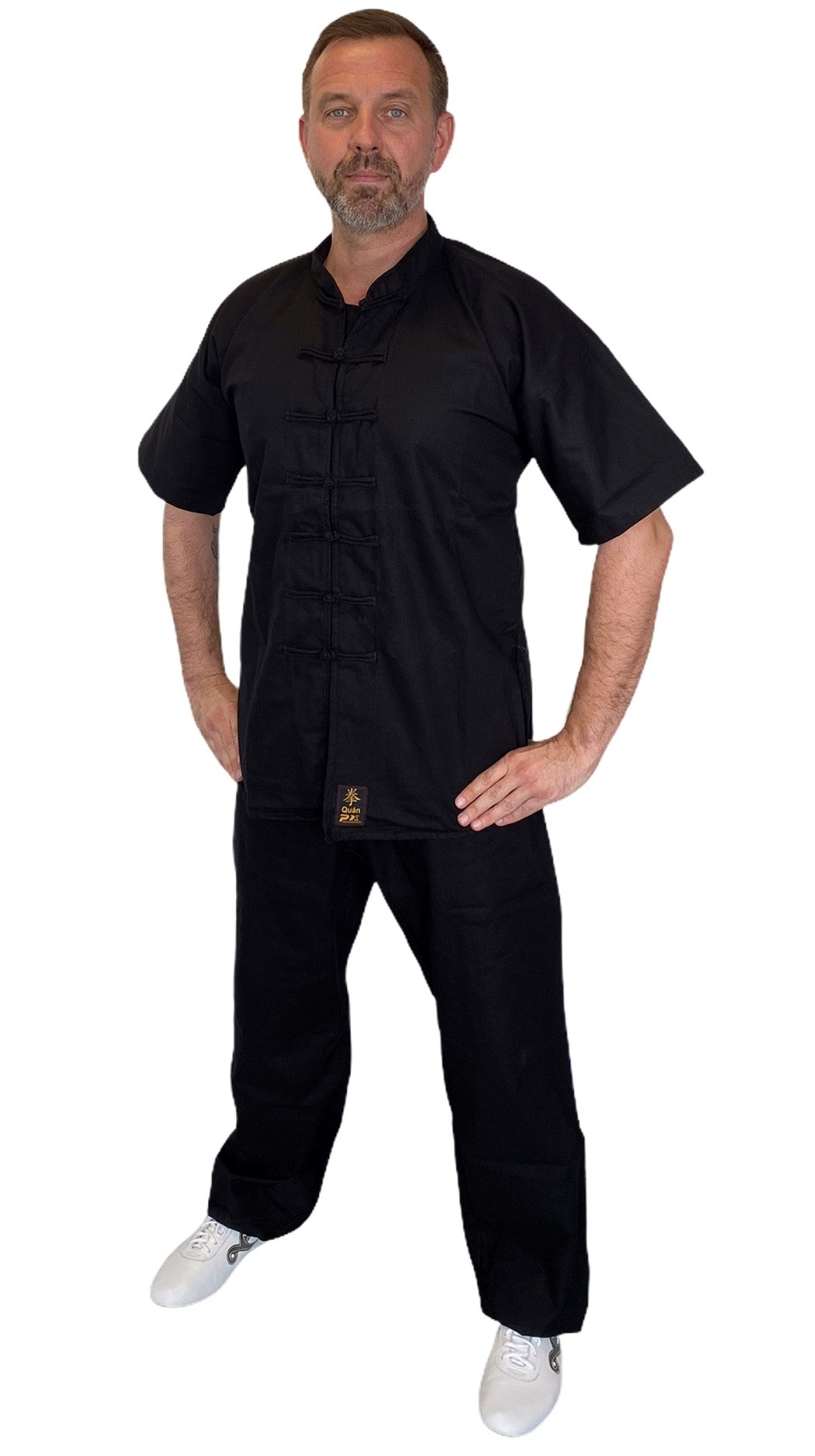 TEKKA BUDO Kung Fu Suit Quan noir - manches courtes - pantalon avec ceinture élastique - taille 110 - 200 cm - Tai Chi Wushu Qi Gong