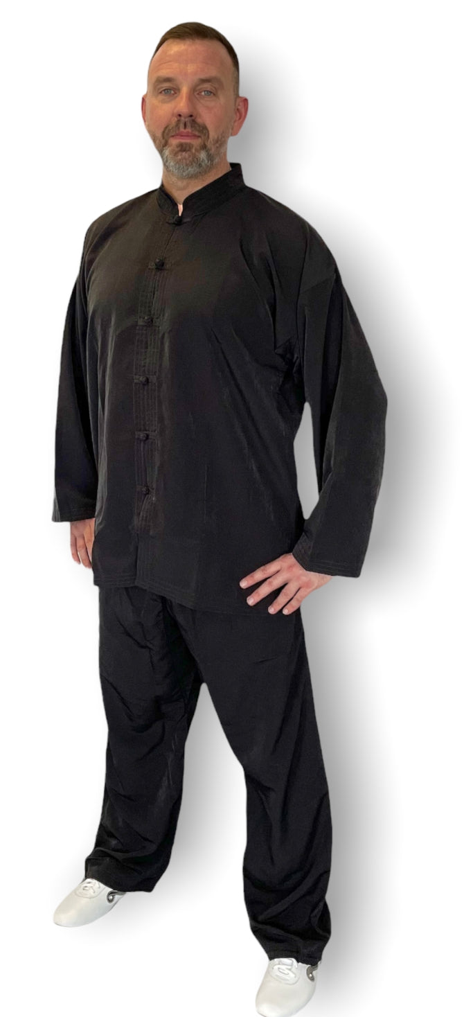 Tenue de Tai Chi TEKKA BUDO en soie artificielle noire - Coupe large, légère et flexible - Taille 160-200 cm - Kung Fu Qi Gong