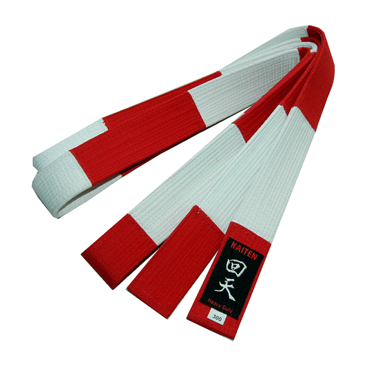Ceinture Kaiten Karate Dan rouge et blanche, extra épaisse - 4,5 cm de large - Ceinture Grandmaster coton - longueur 275 à 350 cm