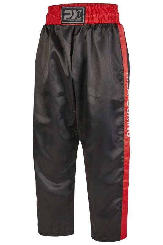 Pantalon de kickboxing PX noir-rouge brodé – coupe large pour les coups de pied hauts, ceinture élastique avec cordon de serrage