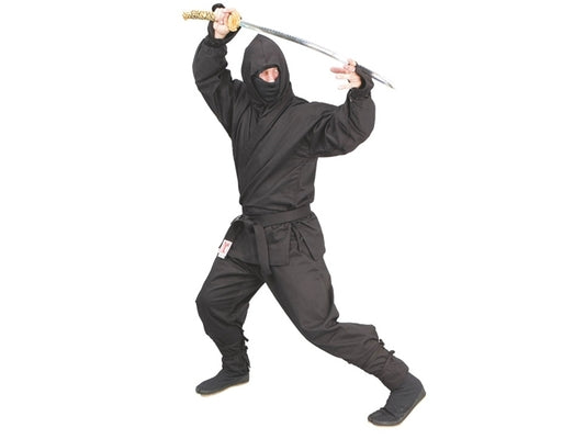 TEKKA BUDO Ninja Suit Black 8 oz - Ensemble 6 pièces : veste, pantalon, masque, capuche, manchettes, ceinture noire - Combinaison Ninjutsu