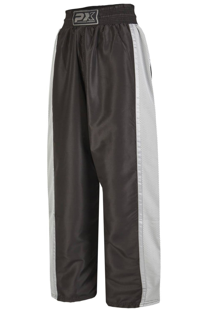 Pantalon de kickboxing PX « Dynamic », mesh noir-gris – coupe large pour les coups de pied hauts, ceinture élastique avec cordon de serrage