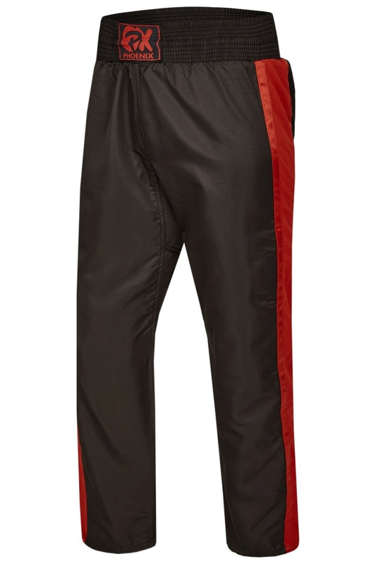 Pantalon de kickboxing PX « Dynamic », mesh noir-rouge – coupe large pour les coups de pied hauts, ceinture élastique avec cordon de serrage