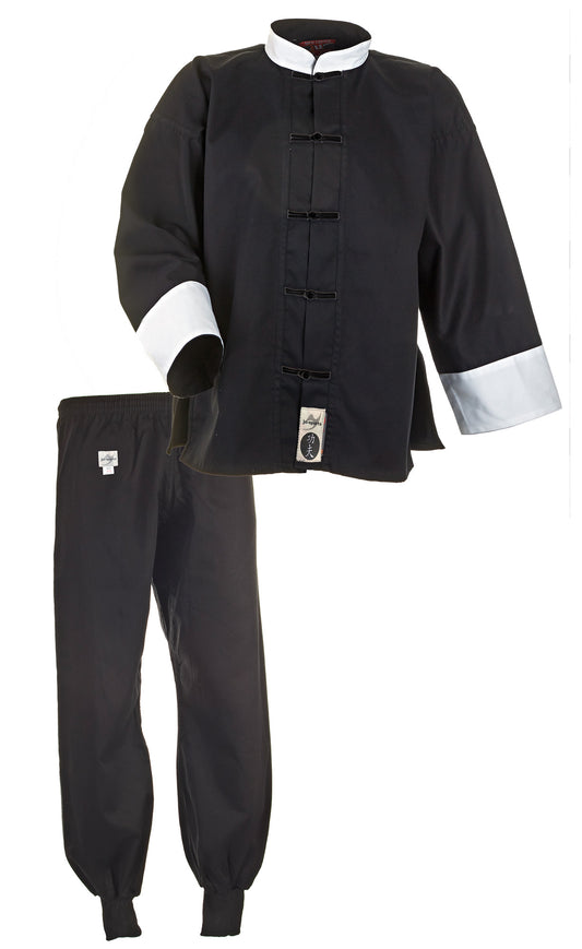 Tenue de Kung Fu noire/blanche avec pantalon à revers (coton)