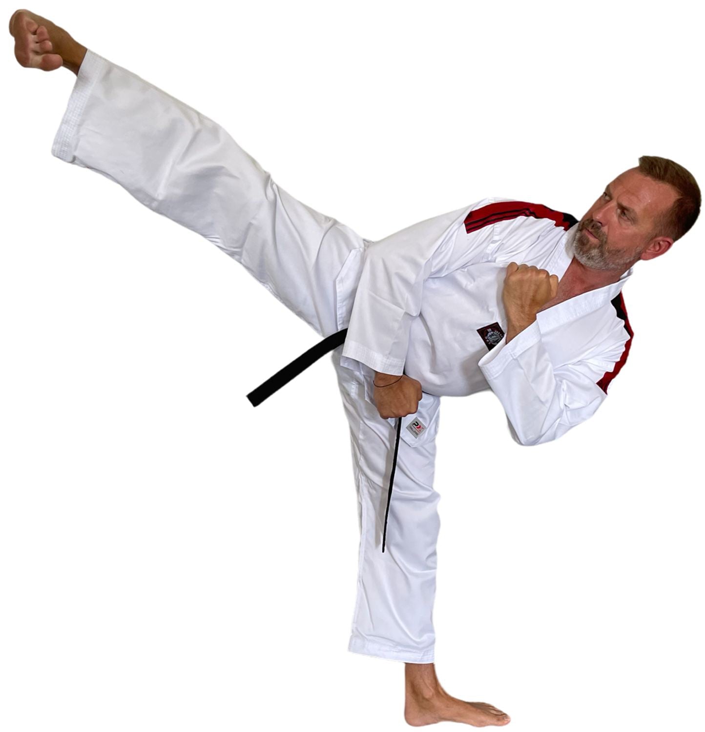 Dobok de Taekwondo Basic revers en V blanc avec bandes d'épaule noir-rouge - SET (veste, pantalon, ceinture blanche)