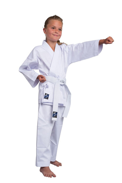 Tenue de Taekwondo Traditionnelle Légère avec laçage blanc 7,5 oz tissu mixte, ensemble (veste, pantalon, ceinture blanche)