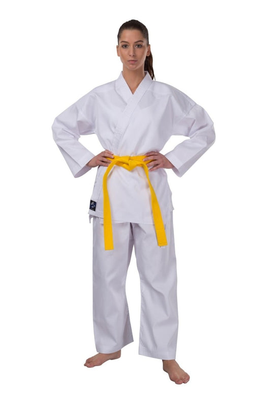 Tenue de Taekwondo Traditionnelle Légère avec laçage blanc 7,5 oz tissu mixte, ensemble (veste, pantalon, ceinture blanche)