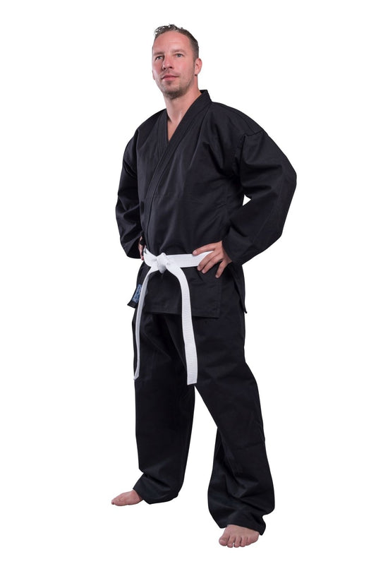 Combinaison Ninjutsu Pro noire 12 oz lourde - Ensemble Ninjutsu Gi (veste, pantalon avec ceinture élastique, ceinture blanche)