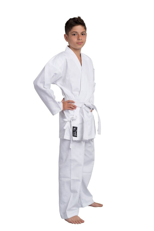 Tenue de Taekwondo traditionnelle avec laçage en coton blanc 8 oz (prélavé) - veste, pantalon, ceinture blanche