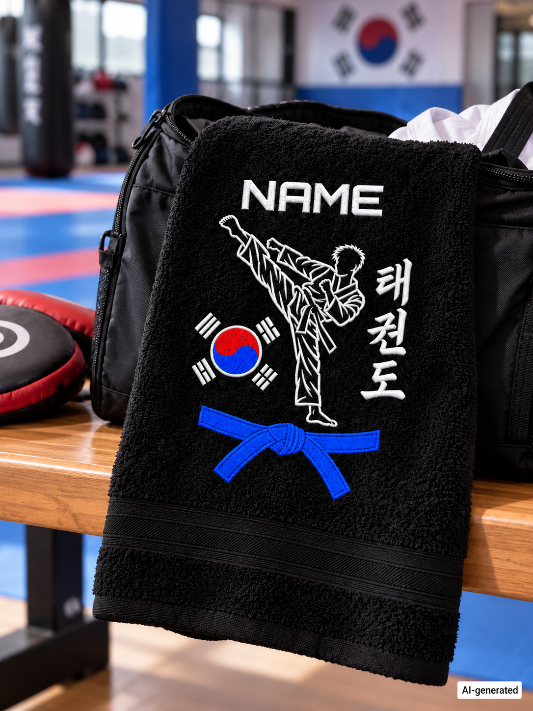 Taekwondo-Handtuch bestickt - Personalisiert mit Namen und Gürtelgrad - Taekwondo Stickerei Bestickung