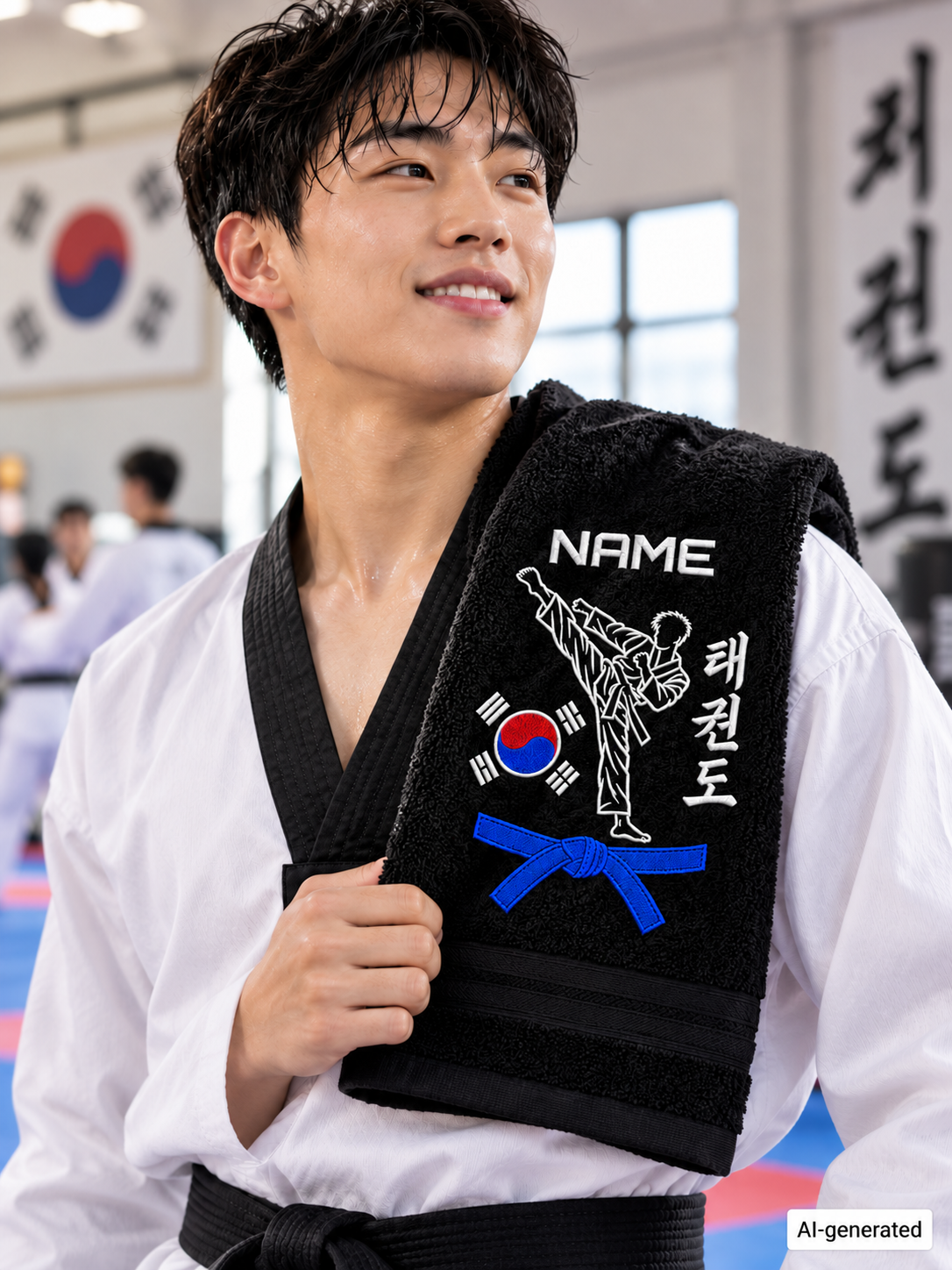Taekwondo-Handtuch bestickt - Personalisiert mit Namen und Gürtelgrad - Taekwondo Stickerei Bestickung