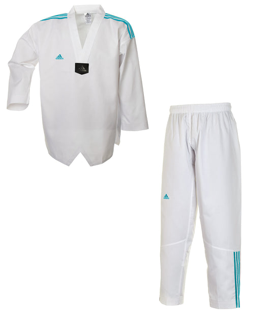 Uniforme de Taekwondo adidas, Adi Club 3 bandes, revers blanc, rayures bleues Dobok veste pull col V