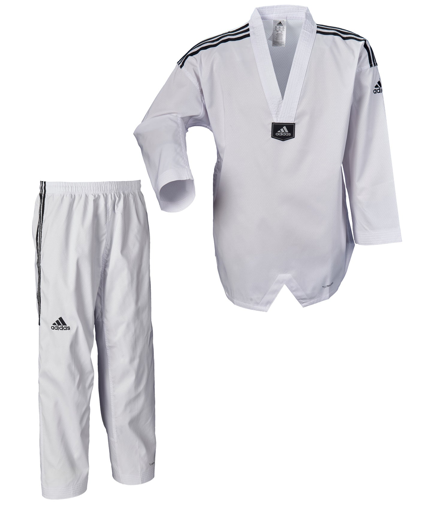 Uniforme de taekwondo adidas, Adi Fighter Eco à rayures, dobok à revers blanc et veste à col en V