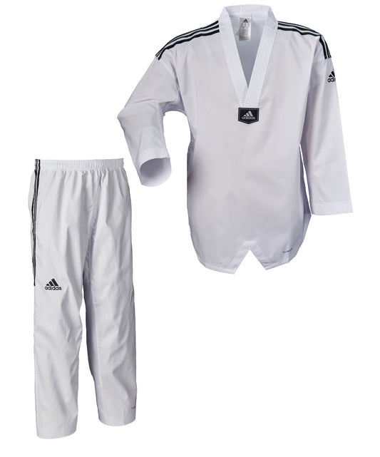 Uniforme de taekwondo adidas, Adi Fighter Eco à rayures, dobok à revers blanc et veste à col en V