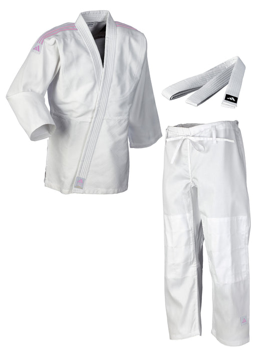 Tenue de judo adidas Club à rayures blanches et roses, kimono de judo J350 (veste de judo, pantalon de judo)