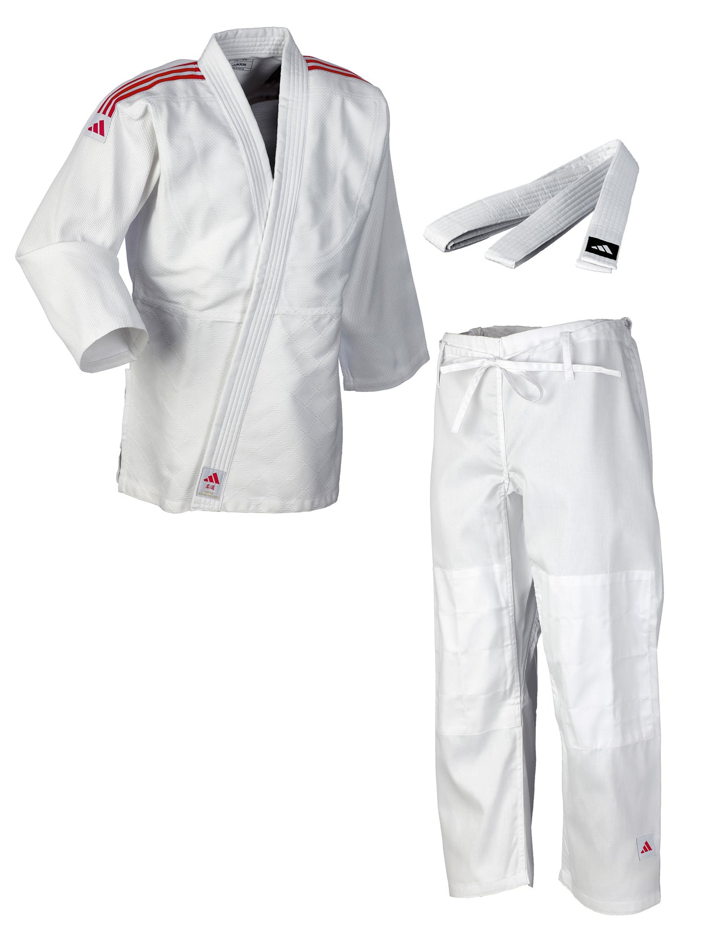 Uniforme de judo adidas Club blanc/rayures rouges, kimono de judo J350 (veste de judo, pantalon de judo)