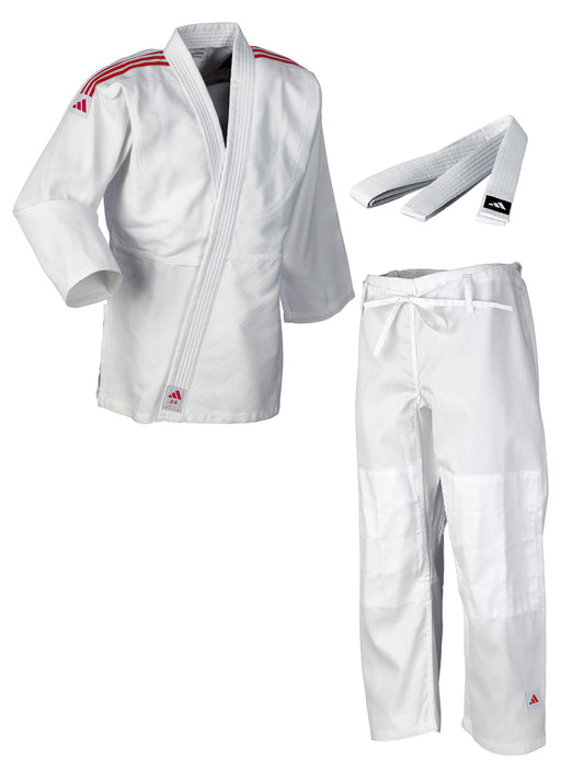 Uniforme de judo adidas Club blanc/rayures rouges, kimono de judo J350 (veste de judo, pantalon de judo)