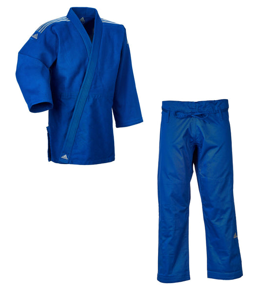 Tenue de judo adidas Contest bleu/rayures argentées, kimono de judo J650B (veste et pantalon de judo)