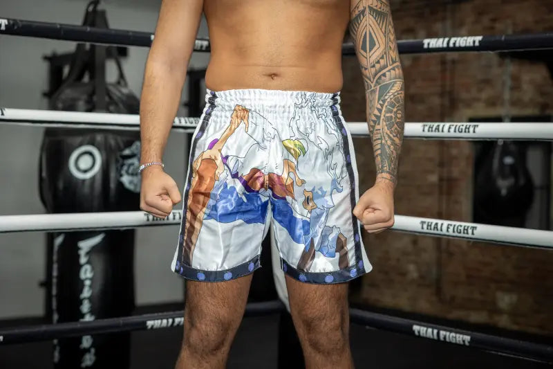 Short de boxe thaï Anime Athletics HEARTBEAT blanc-noir - Pantalon de boxe thaï à ceinture large