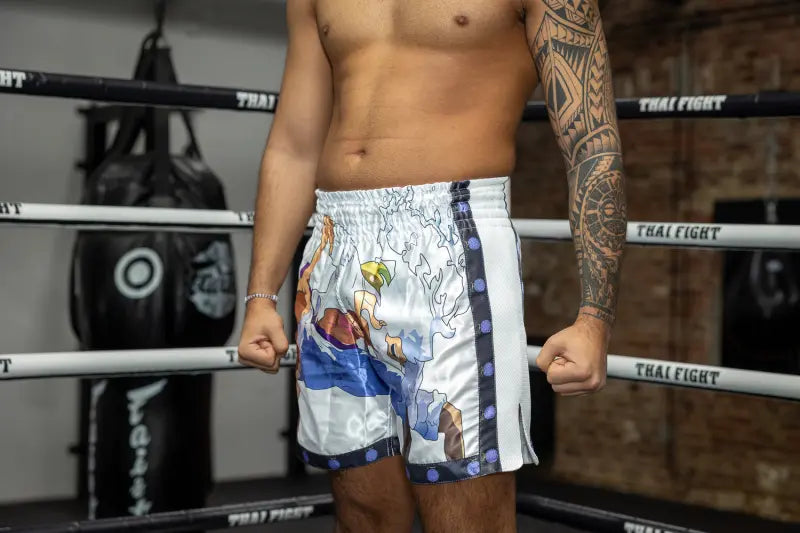 Short de boxe thaï Anime Athletics HEARTBEAT blanc-noir - Pantalon de boxe thaï à ceinture large