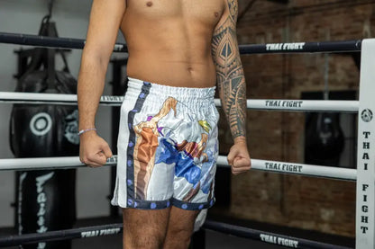 Short de boxe thaï Anime Athletics HEARTBEAT blanc-noir - Pantalon de boxe thaï à ceinture large