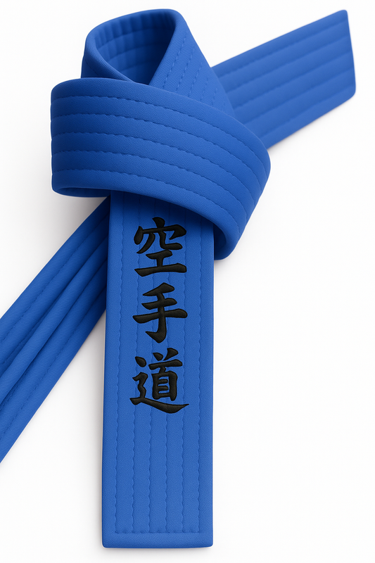 Ceinture de karaté bleue brodée - Personnages de Karaté Do jananish - ceinture bleue avec broderie Kanji