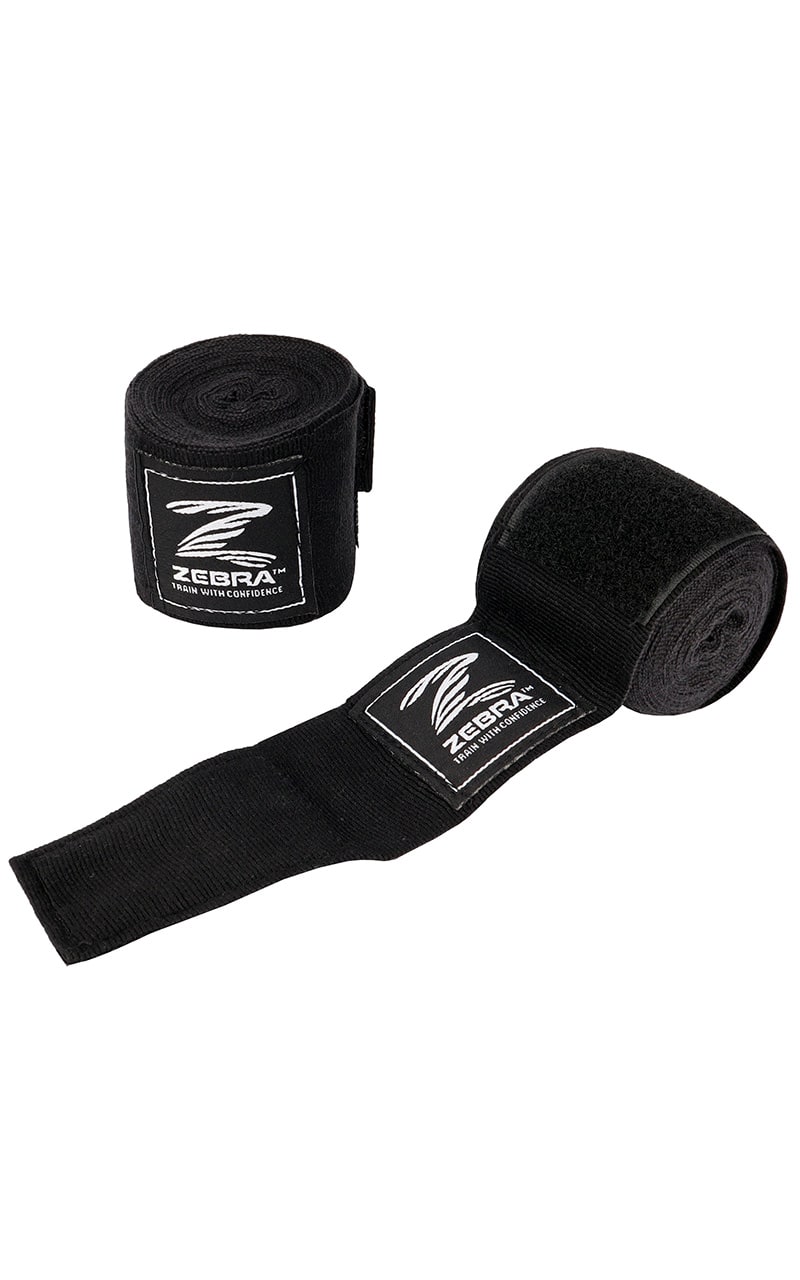 Bandages de boxe ZEBRA noirs - coton stretch, passant pour le pouce, fermeture velcro