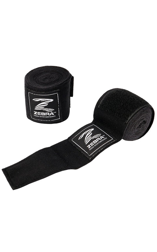 Bandages de boxe ZEBRA noirs - coton stretch, passant pour le pouce, fermeture velcro