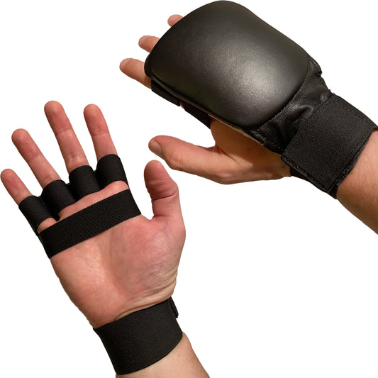 Protège-poings de karaté TEKKA BUDO, noir mat, mitaine en cuir véritable, passants pour les doigts avec bande élastique