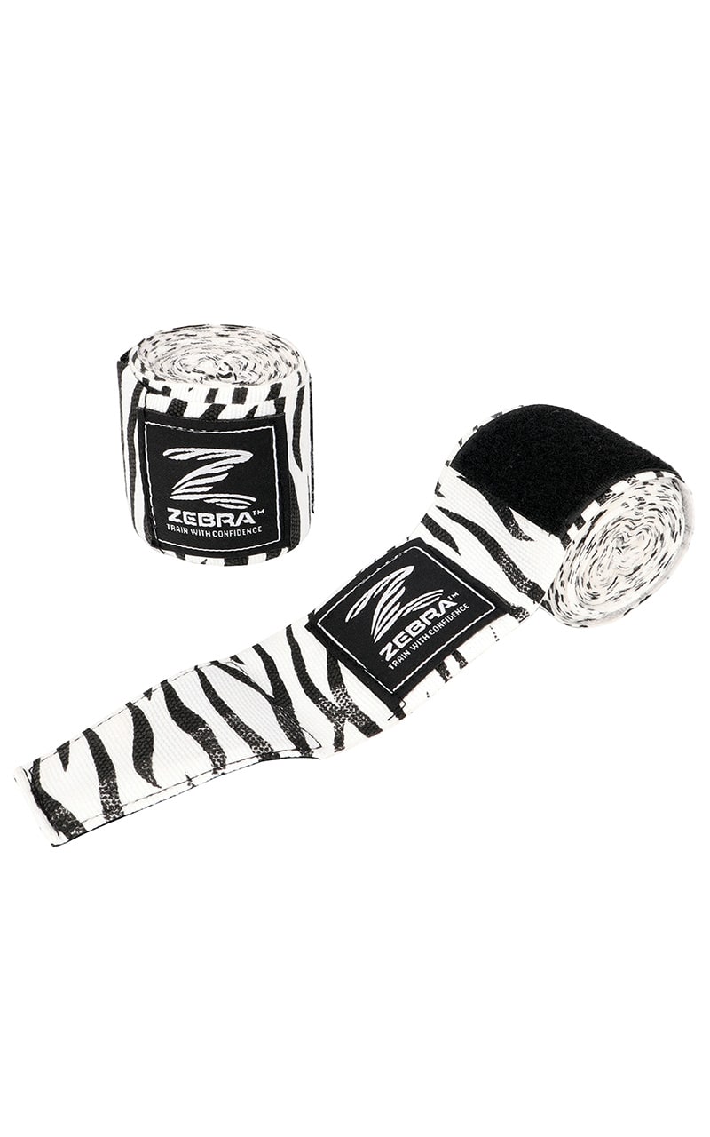 Bandages de boxe ZEBRA motif blanc-noir - coton stretch, passant pour le pouce, fermeture velcro