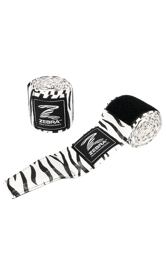 Bandages de boxe ZEBRA motif blanc-noir - coton stretch, passant pour le pouce, fermeture velcro