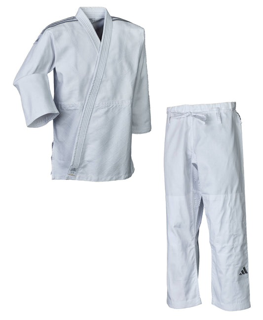 Tenue de judo adidas Contest à rayures blanches et argentées, kimono de judo J650 (veste et pantalon de judo)