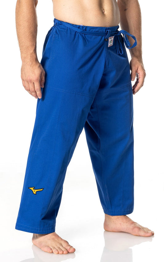 Pantalon de judo MIZUNO Yusho bleu - Fabriqué au Japon - Tissu mixte 750 g - Pantalon de judo avec cordon de serrage