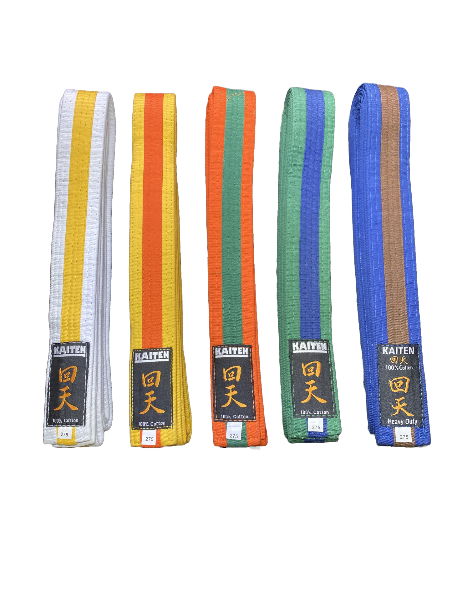Ceinture de karaté Kaiten blanche-jaune - 4 cm de large - ceinture couleur bande centrale bicolore - longueur 230 à 325 cm