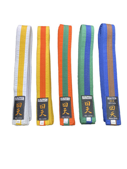 Ceinture de karaté Kaiten blanche-jaune - 4 cm de large - ceinture couleur bande centrale bicolore - longueur 230 à 325 cm