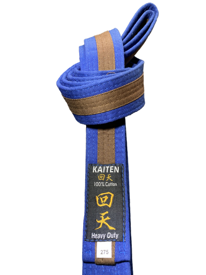 Ceinture de karaté Kaiten bleu-marron - 4 cm de large - ceinture couleur bande centrale bicolore - longueur 230 à 325 cm