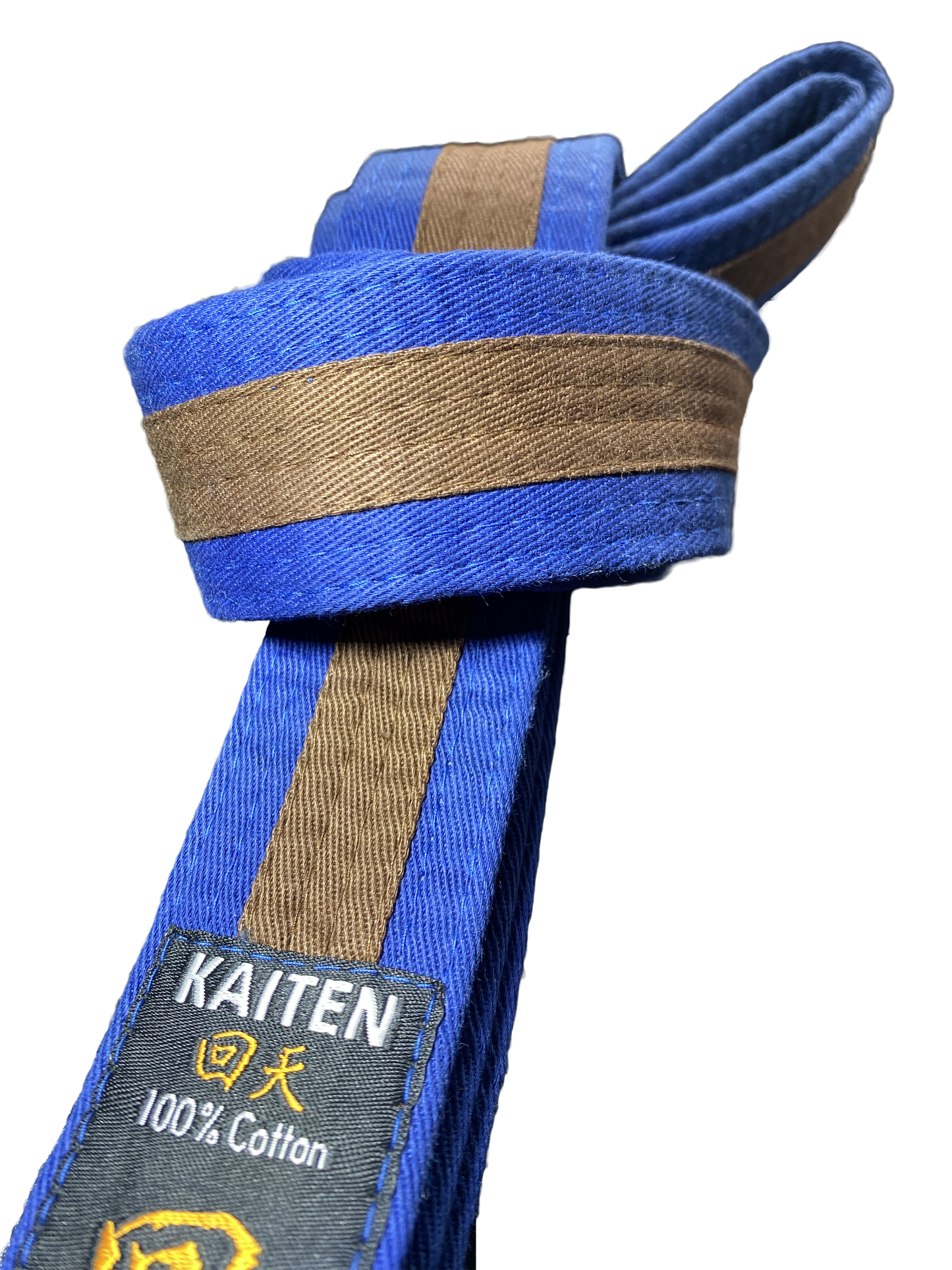 Ceinture de karaté Kaiten bleu-marron - 4 cm de large - ceinture couleur bande centrale bicolore - longueur 230 à 325 cm