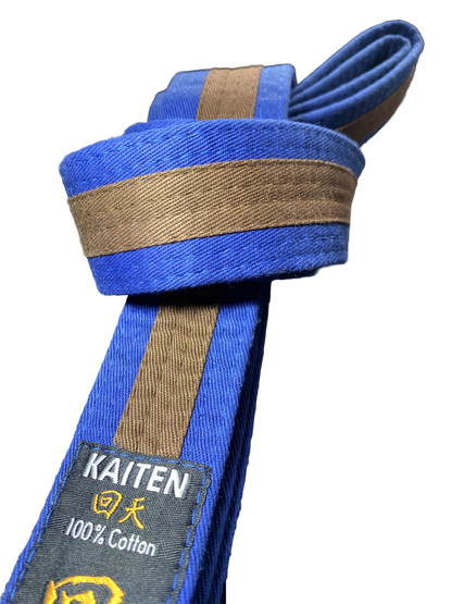 Ceinture de karaté Kaiten bleu-marron - 4 cm de large - ceinture couleur bande centrale bicolore - longueur 230 à 325 cm