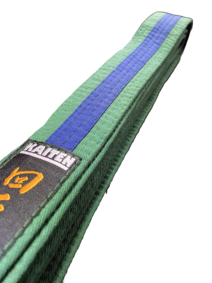 Ceinture de karaté Kaiten vert-bleu - 4 cm de large - ceinture couleur bande centrale bicolore - longueur 230 à 325 cm