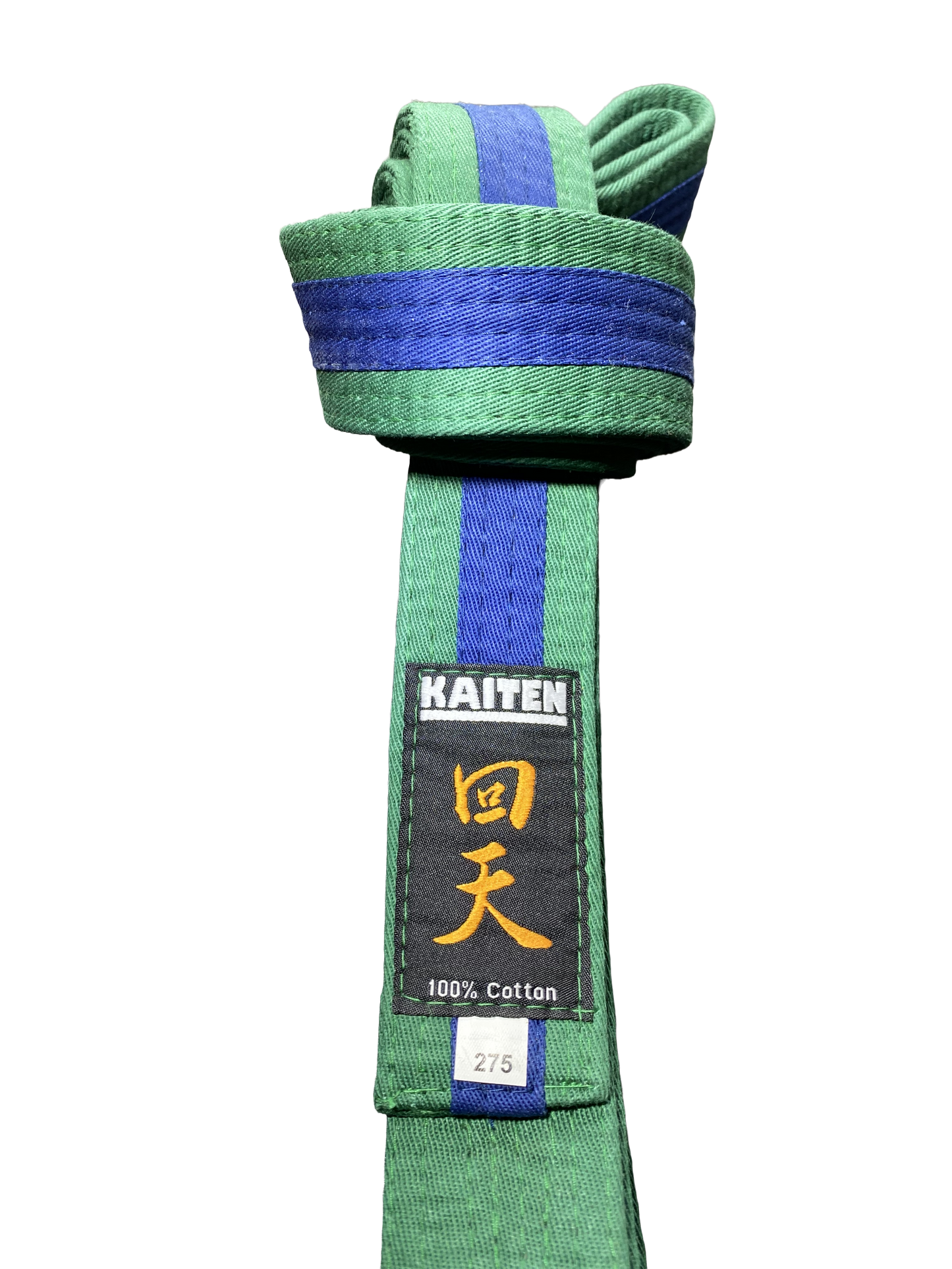 Ceinture de karaté Kaiten vert-bleu - 4 cm de large - ceinture couleur bande centrale bicolore - longueur 230 à 325 cm
