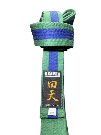 Ceinture de karaté Kaiten vert-bleu - 4 cm de large - ceinture couleur bande centrale bicolore - longueur 230 à 325 cm