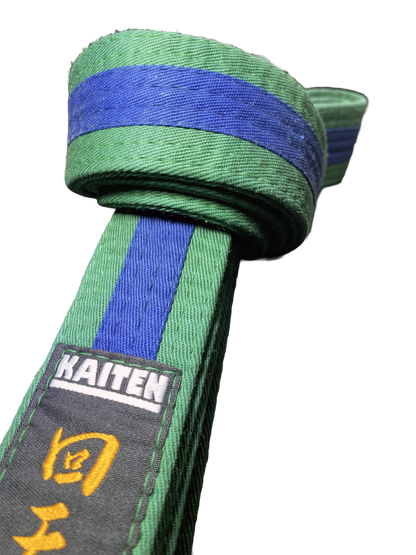 Ceinture de karaté Kaiten vert-bleu - 4 cm de large - ceinture couleur bande centrale bicolore - longueur 230 à 325 cm