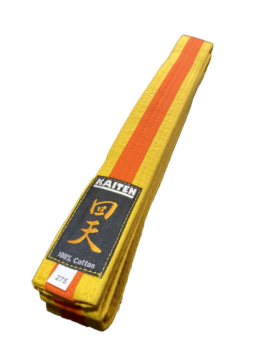 Ceinture de karaté Kaiten jaune-orange - 4 cm de large - ceinture couleur bande centrale bicolore - longueur 230 à 325 cm