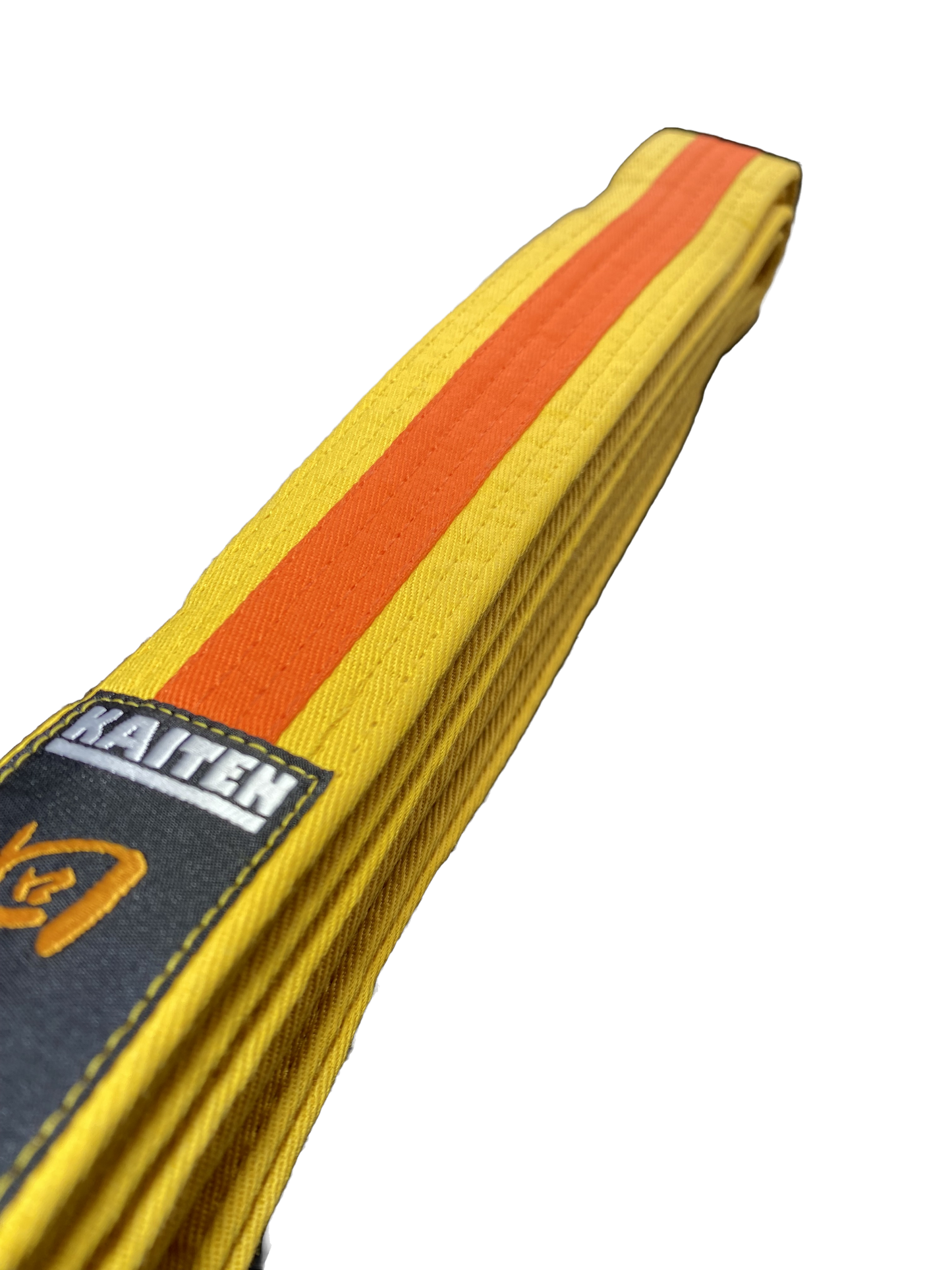 Ceinture de karaté Kaiten jaune-orange - 4 cm de large - ceinture couleur bande centrale bicolore - longueur 230 à 325 cm