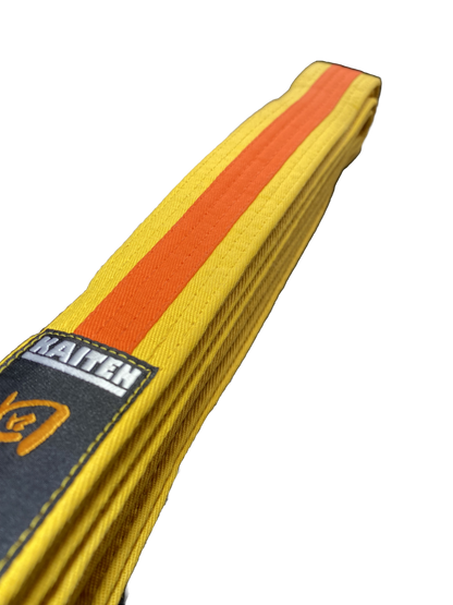 Ceinture de karaté Kaiten jaune-orange - 4 cm de large - ceinture couleur bande centrale bicolore - longueur 230 à 325 cm